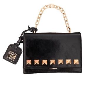 STEVE MADDEN Black Gold Studs & Chain Top Handle Logo Key Char…